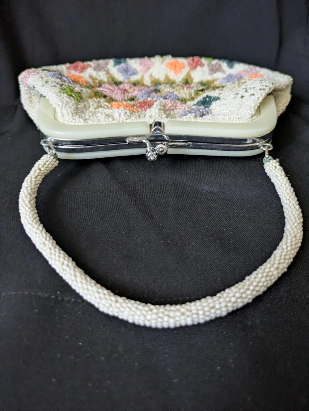 Beaded Floral Evening Handbag - Cream with Pastel Flowers Vintage